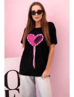 Dámské oversize tričko srdcem a třásněmi s krátkým rukávem černé
