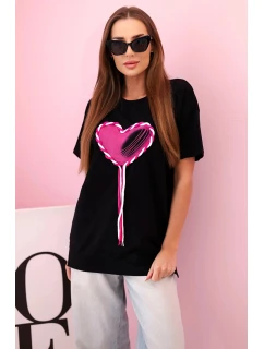 Dámské oversize tričko srdcem a třásněmi s krátkým rukávem černé