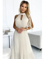 Béžové plisované dámské midi šaty s ve tvaru ve výstřihu model 22064814 - numoco basic Béžové plisované dámské midi šaty s ve tvaru ve výstřihu model 22064814 - numoco basic