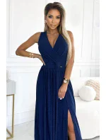 Tmavě modré dlouhé dámské šaty s výstřihem a zavazováním na zádech model 20298469 - numoco Tmavě modré dlouhé dámské šaty s výstřihem a zavazováním na zádech model 20298469 - numoco