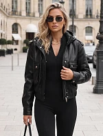 Dámská kožená bunda s kapucí, černá, FashionStreet TY5876