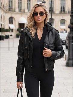 Kurtka damska skórzana z kapturem czarna model 22341130 - FashionStreet
