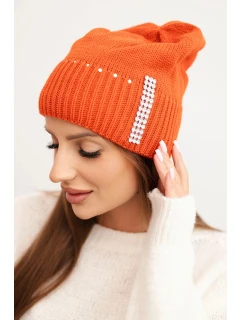 Dámská zimní pletená čepice s krystaly model 21750384 oranžová - K-Fashion