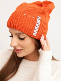 Dámská zimní pletená čepice s krystaly model 21750384 oranžová - K-Fashion