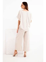 Dámský viskózový komplet — halenka s krátkým rukávem a kalhoty se širokou nohavicí tmavě béžový