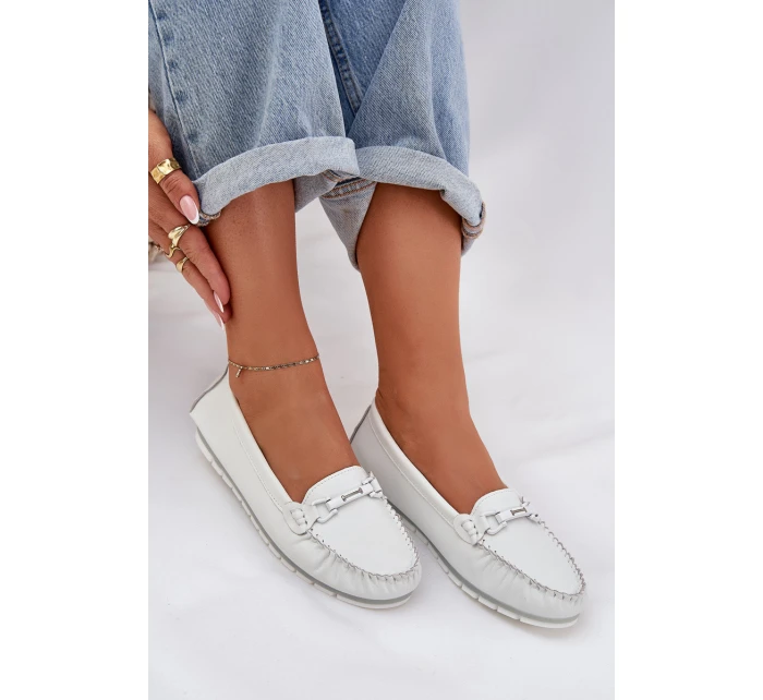Plné Kožené Mokasíny S Dekorací model 21686028 Bílé - S.Barski Plné Kožené Mokasíny S Dekorací model 21686028 Bílé - S.Barski