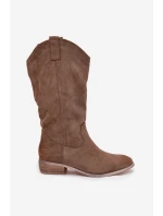 Dámské kozačky ve western stylu na nízkém podpatku Cherrie – tmavě béžové, eko zamsz Dámské kozačky ve western stylu na nízkém podpatku Cherrie – tmavě béžové, eko zamsz