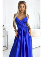 512-4 JULIET elegantní dlouhé saténové šaty s výstřihem a rozparkem na nohou - CHABRERA