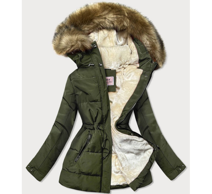 Khaki/hnědá dámská zimní bunda parka s mechovitým kožíškem (W560)