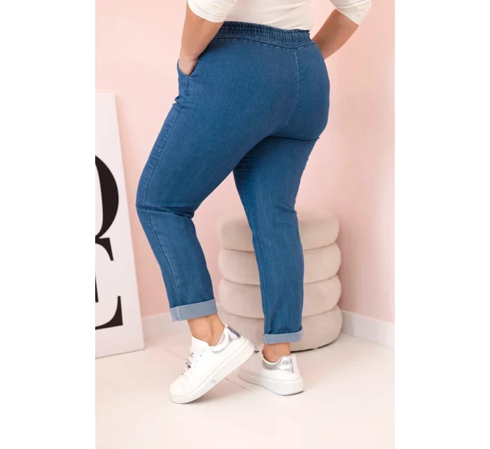 Dámské bavlněné kalhoty Plus Size s elastickým pasem a zavazováním denim Dámské bavlněné kalhoty Plus Size s elastickým pasem a zavazováním denim