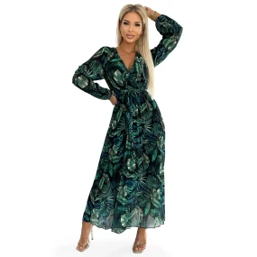 511-1 Plisované šifonové dlouhé šaty s výstřihem, dlouhými rukávy a páskem - GREEN LEAVES