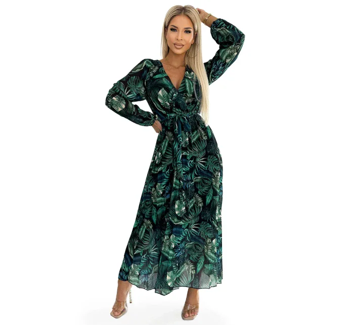 511-1 Plisované šifonové dlouhé šaty s výstřihem, dlouhými rukávy a páskem - GREEN LEAVES