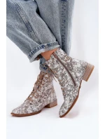 Kožené Vzorované Kotníkové Boty Na Ploché Podpatky model 21691368 Béžové - Maciejka