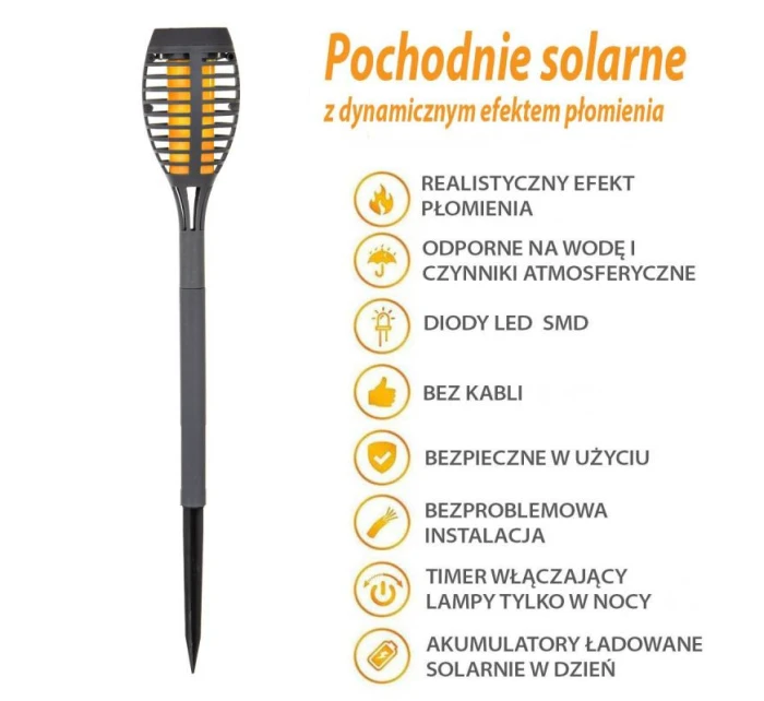 DANCING FLAMES SOLAR LAMP 12 LED SMD 7,5x7,5x46,5 cm KPL 5SZT