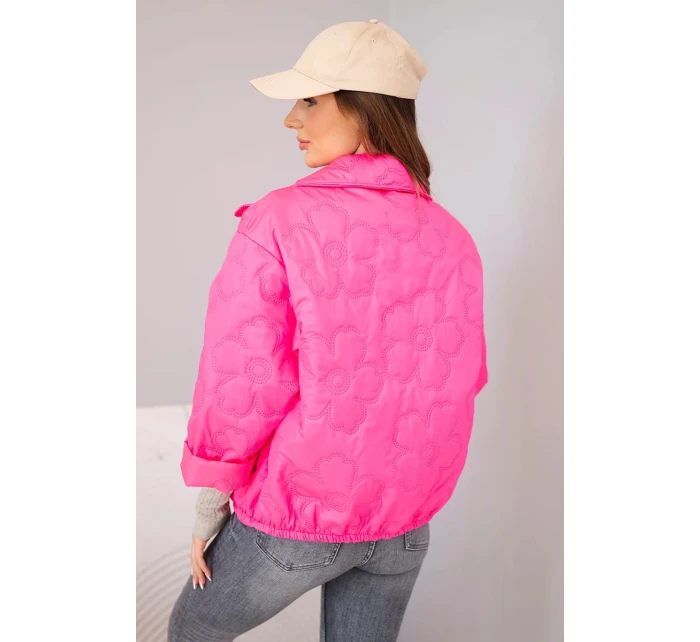 Dámská jarní prošívaná bunda s květinovým vzorem růžový neon