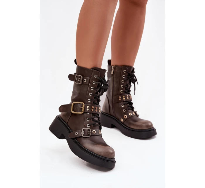 Zateplené workery dámské s přezkami hnědé model 21715308 - Boto Zateplené workery dámské s přezkami hnědé model 21715308 - Boto