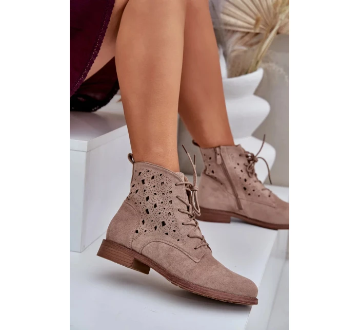 Dámské šněrovací kotníkové botky s perforovaným vzorem – béžové S.Barski