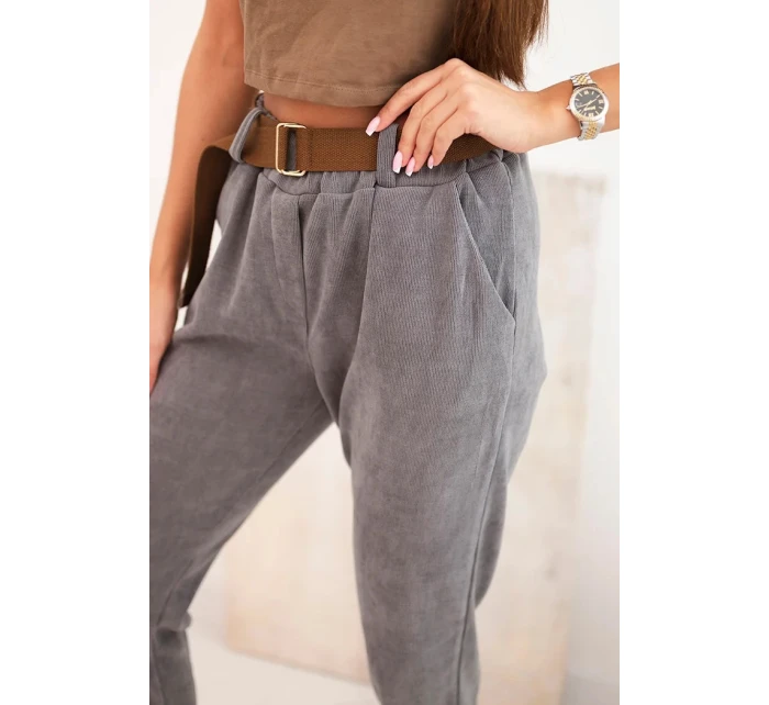 Dámské kalhoty s páskem v pruhy tmavě šedé