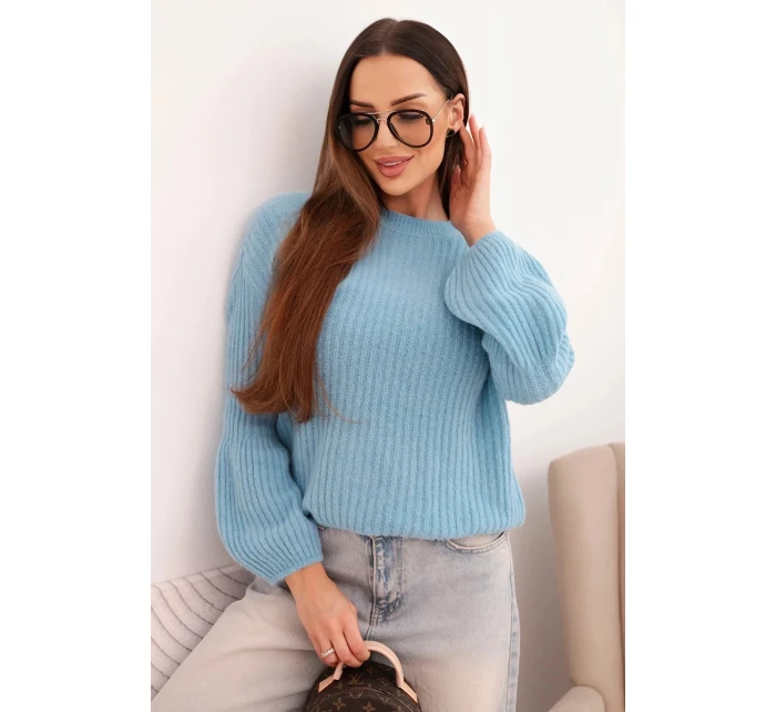 Svetr dámský z baby alpaky s balónovými rukávy modrý
