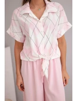 Dámský komplet z viskózy, košile s vázáním a kalhoty s gumou, pudrově růžová