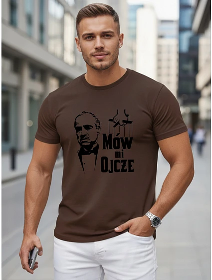Tshirt męski klasyczny z nadrukiem bawełniany brązowy model 22217907 - FashionStreet