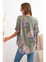 Dámská bavlněná halenka s květinovým vzorem khaki Dámská bavlněná halenka s květinovým vzorem khaki
