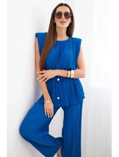 Dámský viskózový plisovaný komplet s halenkou na zavazování a širokými kalhotami chrpový