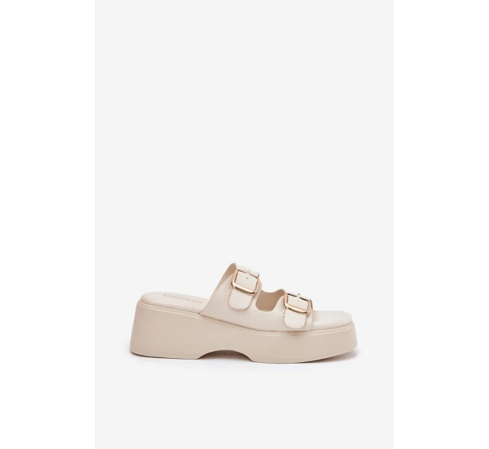 Dámské pantofle na platformě a klínu s přezkami světle béžové Nitarelia Dámské pantofle na platformě a klínu s přezkami světle béžové Nitarelia