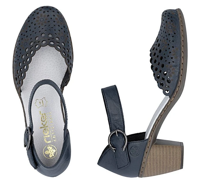 Dámské kožené sandály na jehlovém podpatku pohodlné ažurové tmavě modré Rieker 40902-14