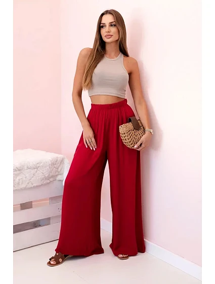 Široké dámské kalhoty s elastickým pasem Burgundsko