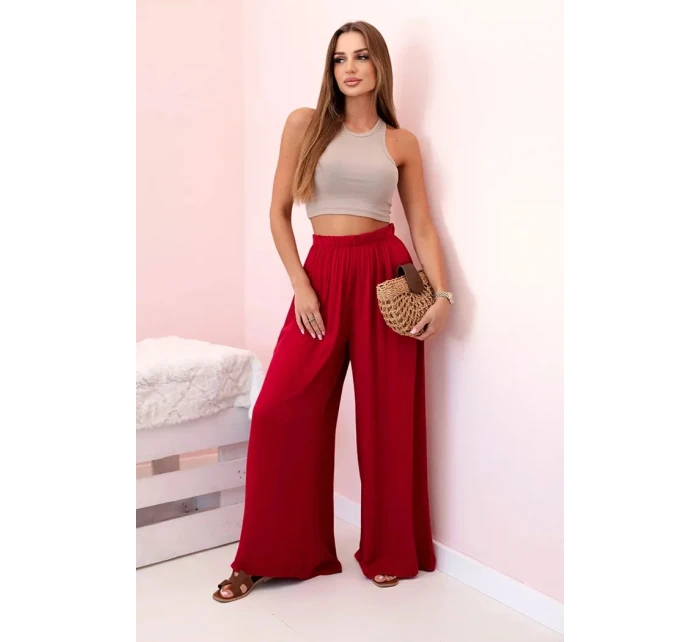 Široké dámské kalhoty s elastickým pasem Burgundsko