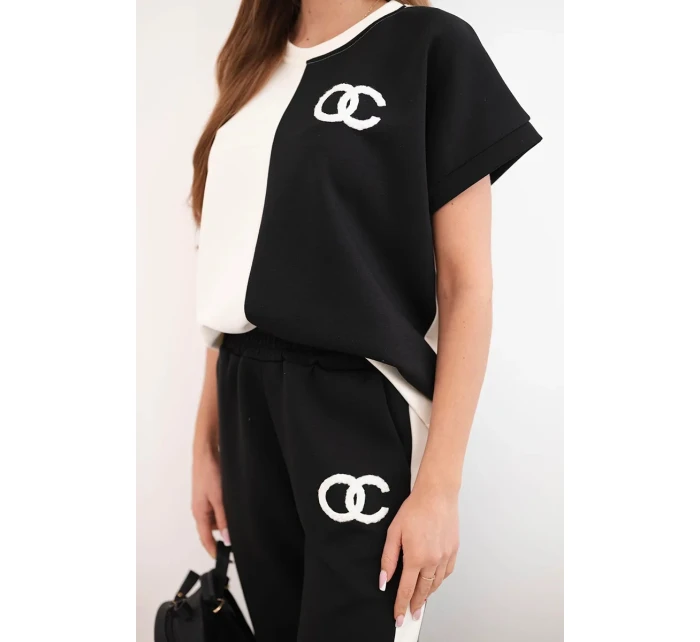 Dámský máslový komplet s oversize mikinou a širokými kalhotami ecru + černý