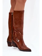 Kožené Kozačky Na Podpatku S Přezkou Zateplené model 21772427 Hnědé - Zazoo Kožené Kozačky Na Podpatku S Přezkou Zateplené model 21772427 Hnědé - Zazoo