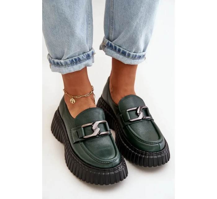 Zazoo Polobotky Mokasíny Dámské Z Přírodní Kůže Tmavě Zelené