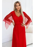 655-5 Dlouhé světlé třpytivé šaty s výstřihem a průhlednými rukávy - červené
