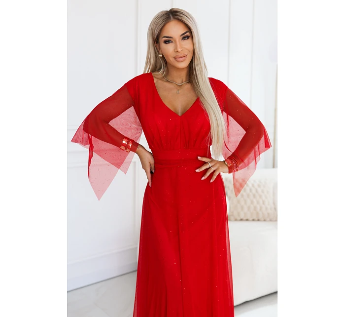 655-5 Dlouhé světlé třpytivé šaty s výstřihem a průhlednými rukávy - červené