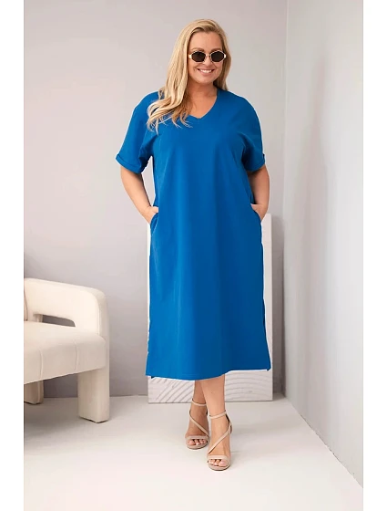 Dámské bavlněné šaty Plus Size s výstřihem do V chrpově modrá Dámské bavlněné šaty Plus Size s výstřihem do V chrpově modrá