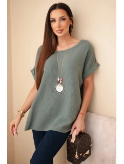 Hedvábná blůza s náhrdelníkem tmavě khaki