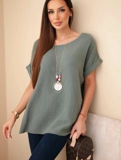 Hedvábná blůza s náhrdelníkem tmavě khaki