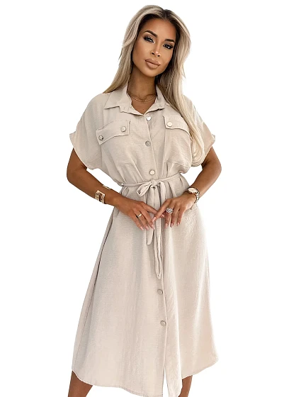 Béžové dámské košilové midi šaty se zlatými zavazováním a krátkými rukávy model 20187384 - numoco basic Béžové dámské košilové midi šaty se zlatými zavazováním a krátkými rukávy model 20187384 - numoco basic