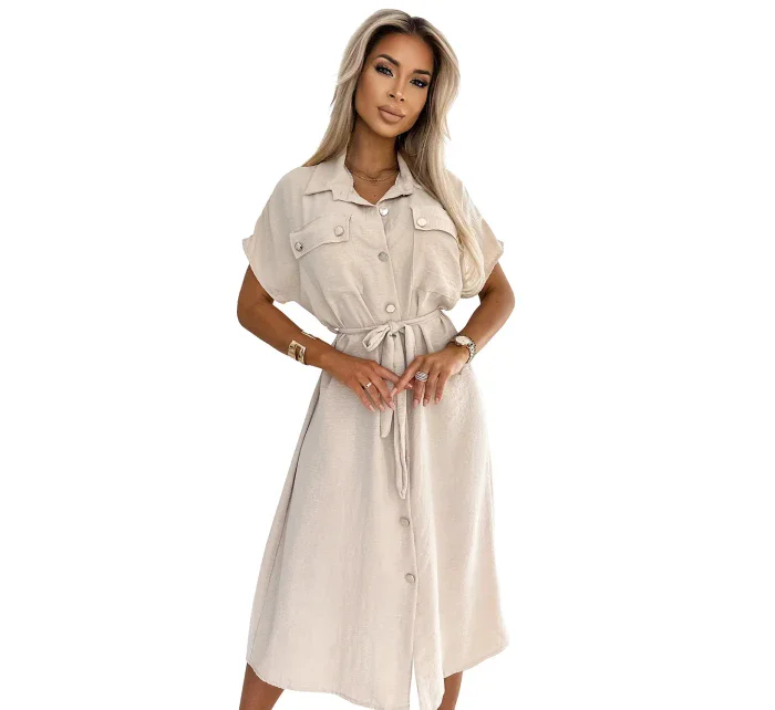 Béžové dámské košilové midi šaty se zlatými zavazováním a krátkými rukávy model 20187384 - numoco basic Béžové dámské košilové midi šaty se zlatými zavazováním a krátkými rukávy model 20187384 - numoco basic