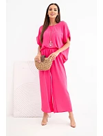 Dámský viskózový komplet: halenka s krátkým rukávem a kalhoty se širokými nohavicemi růžový