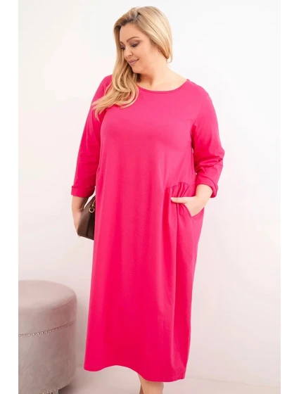 Dámská suknička Plus Size bavlněná s dlouhým rukávem a řasením v pase fuchsie