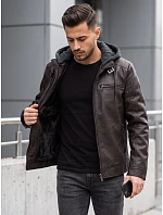 Pánská kožená zateplená bunda s kapucí, hnědá, FashionStreet TX5148 Pánská kožená zateplená bunda s kapucí, hnědá, FashionStreet TX5148