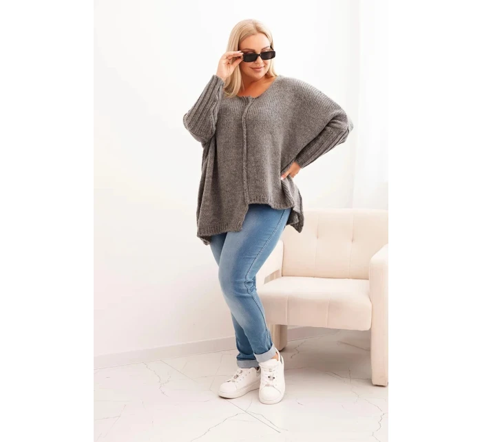 Dámský svetr Plus Size z model 21259036 s volným střihem a 3/4 rukávem grafitový - K-Fashion