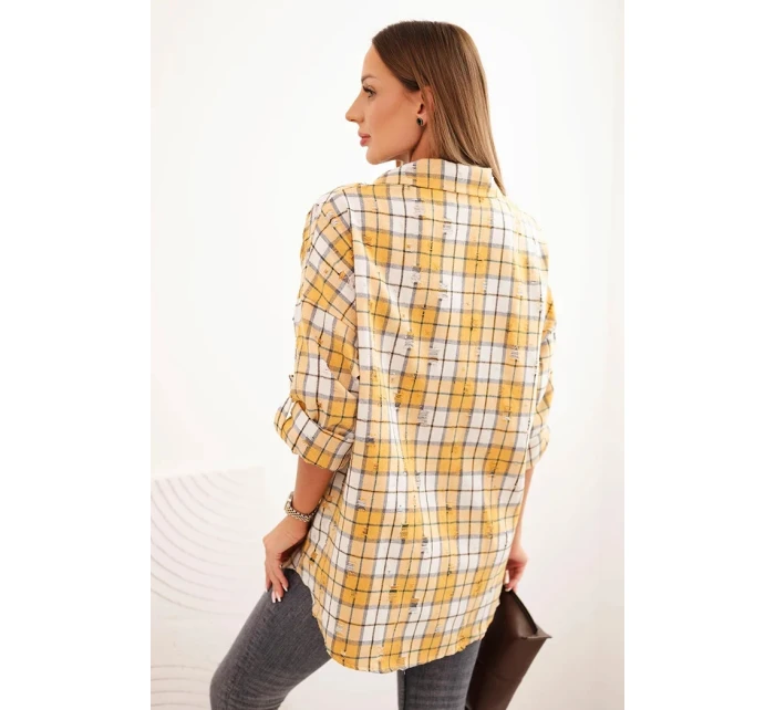 Dámská kostkovaná bavlněná košile s efektem obnošení hořčicová