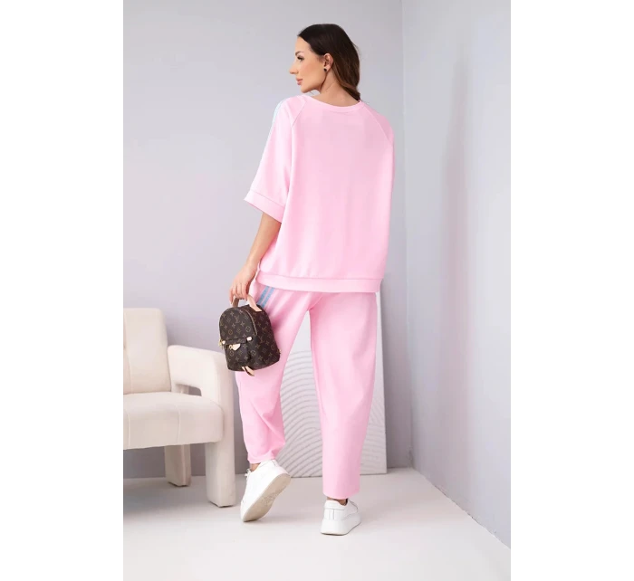 Dámský máslový komplet z model 22015424 mikina a kalhoty s lampasy bonbónově růžový - K-Fashion