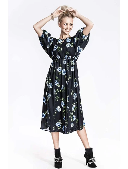 modré dámské květované šaty s kulatým výstřihem model 19514328 - Ann Gissy