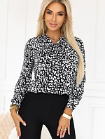 140-28 Služební halenka s dlouhým rukávem a zavazováním vpředu - černobílý vzor