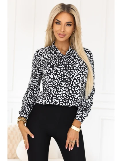 halenka s dlouhým rukávem a zavazováním vpředu černobílý vzor model 21308733 - numoco halenka s dlouhým rukávem a zavazováním vpředu černobílý vzor model 21308733 - numoco